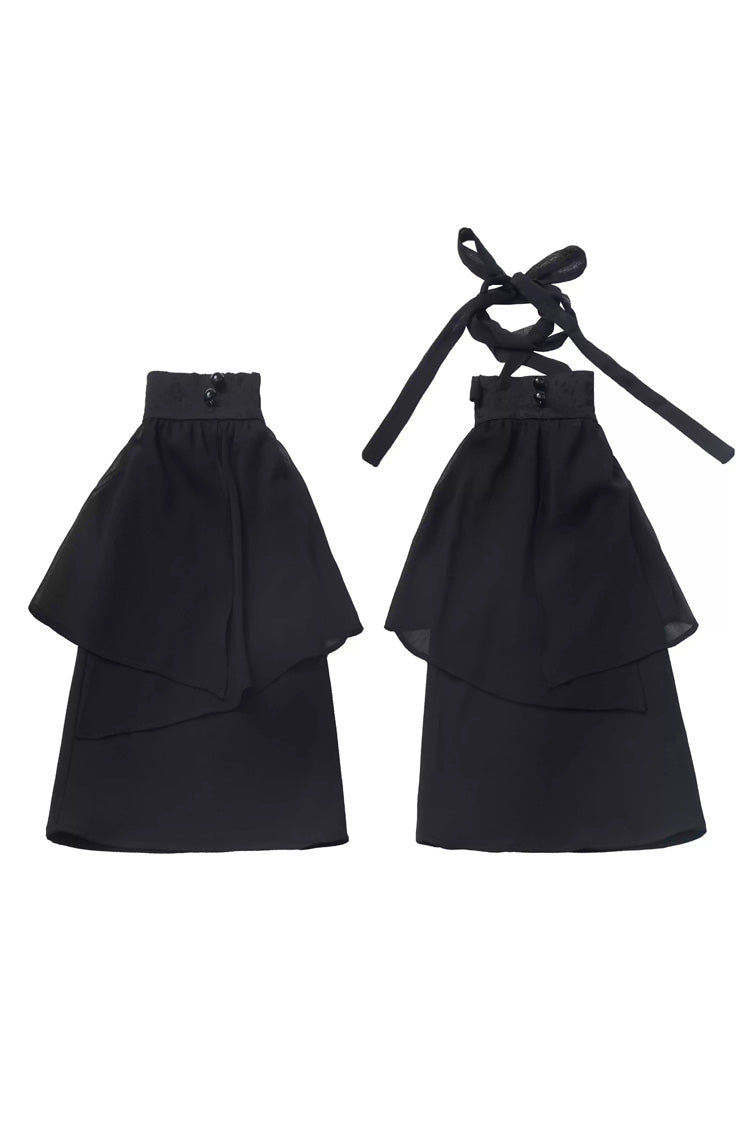 White/Black [Moonlight Flowing] Long/Short Sleeves Ruffled Asymmetric Gothic Jirai Kei Skirt Set - Leg Sleeves - 17