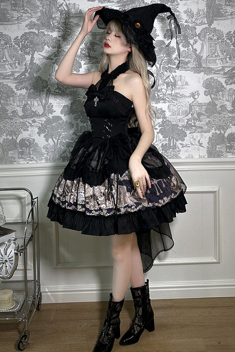 Black [The Mystery of The Doll] Halterneck Print Ruffle Bowknot Drawstring Gothic Lolita Dress - Product - 7