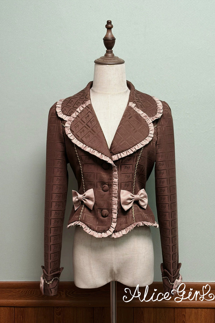Brown [Teddy Chocolate Bar] Printed Embroidered Bow Lace-Up Classic Lolita Jsk Dress and Skirt - Brown(Coat-Only) - 19