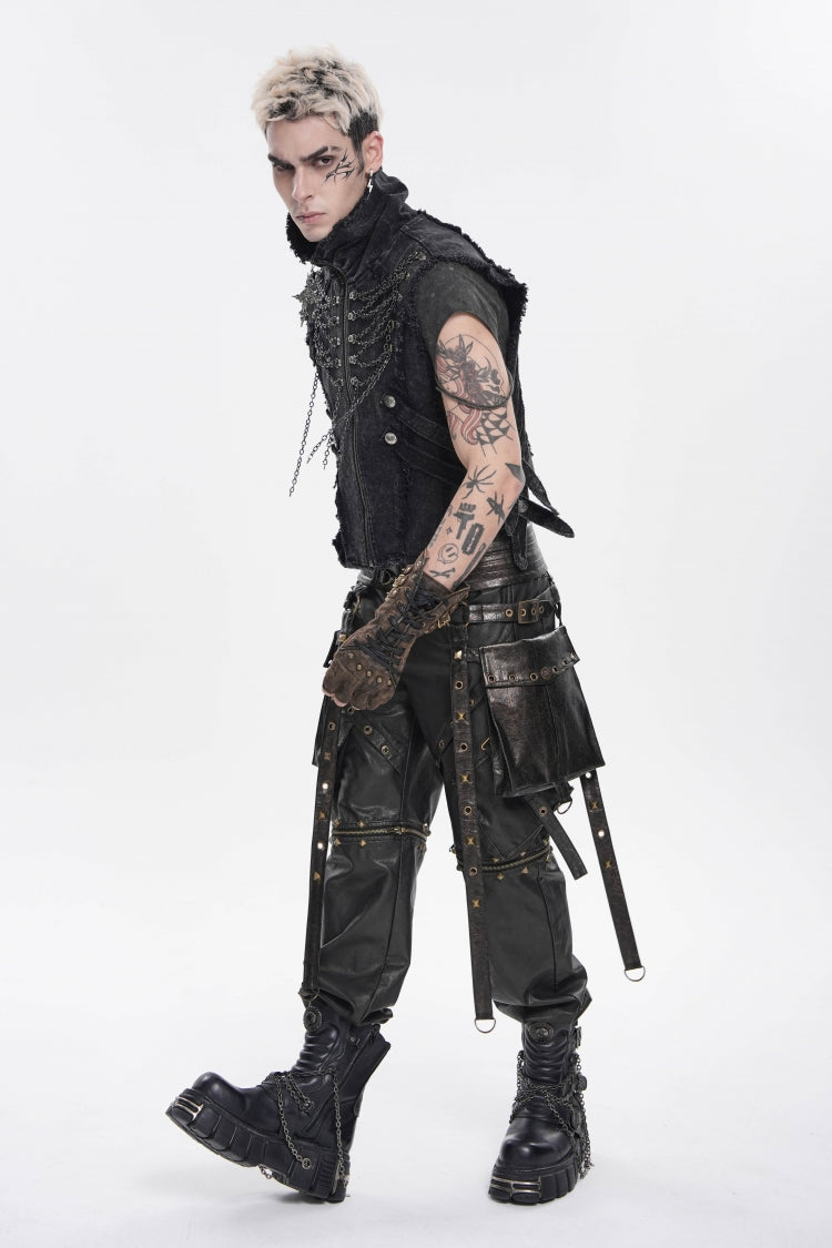 Black Stand Collar Sleeveless Zippered Chain-Decorated Men's Punk Cool Unedged Vest - Product - 5