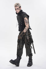 Black Stand Collar Sleeveless Zippered Chain-Decorated Men's Punk Cool Unedged Vest - Product - 5