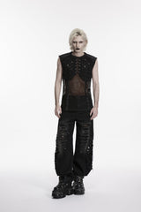 Black Spliced Mesh Ripped Studded Eyelet Men's Punk Cool Vest - Product - 4