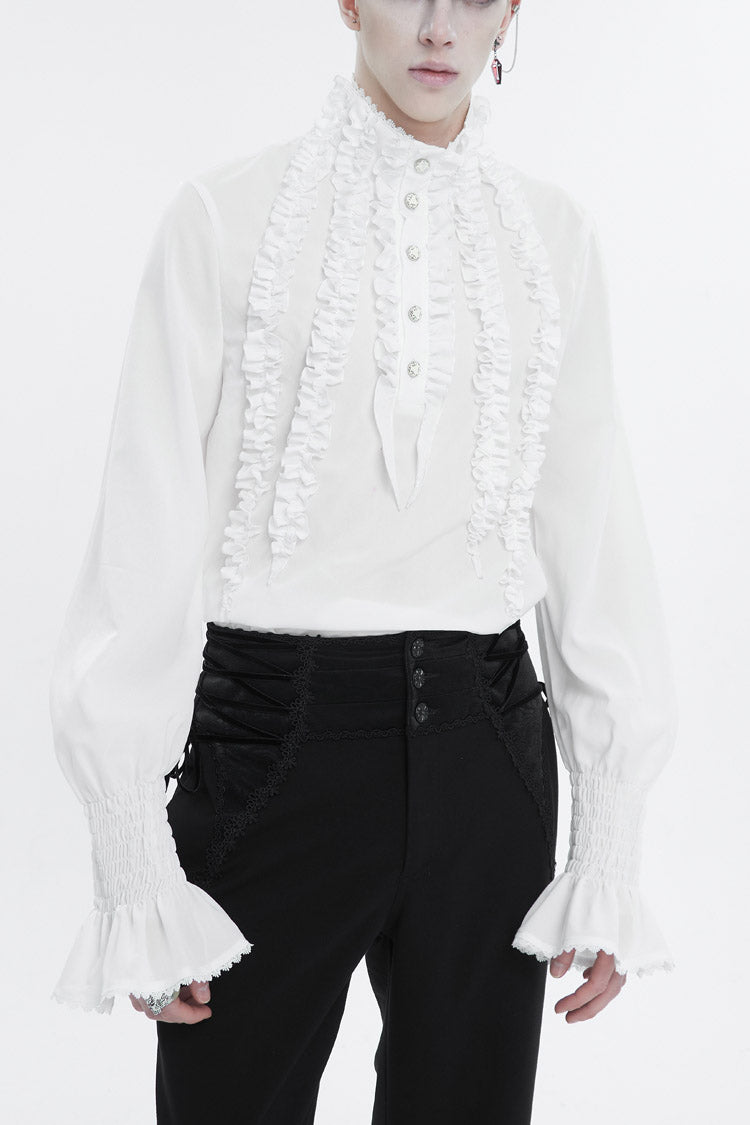 White Irregular Stand Collar Puff Sleeved Ruffled Men's Gothic Shirt - White - 1