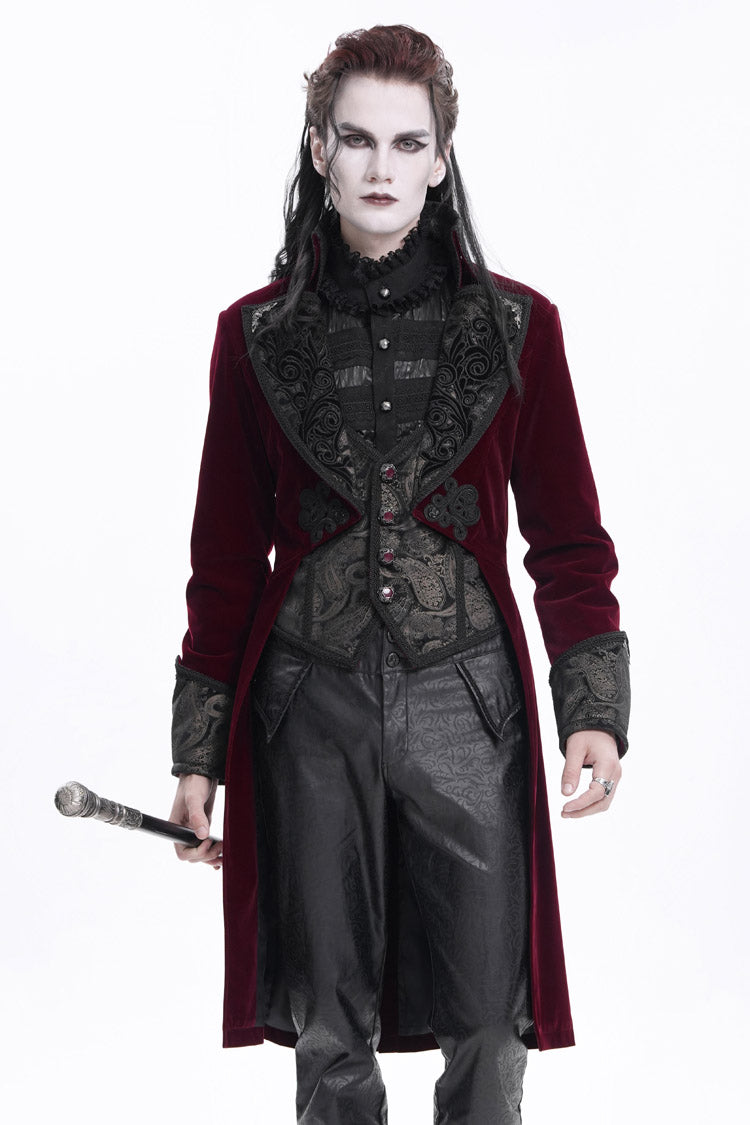 Wine Red Long Sleeves Button Floral Embroidery Men's Gothic Jacket - Red - 1