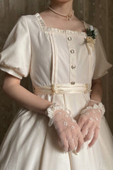 Apricot [Random Thoughts] Square Collar Short Sleeves Ruffle Classic Vintage Elegant Lolita Dress - Product - 6