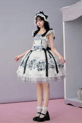 Blue/White [Celadon Jade Cup] Square Collar Flutter Sleeves Printed Ruffled Embroidered Bow Lace Classic Chinese Inspired Lolita Jsk Dress - Product - 2