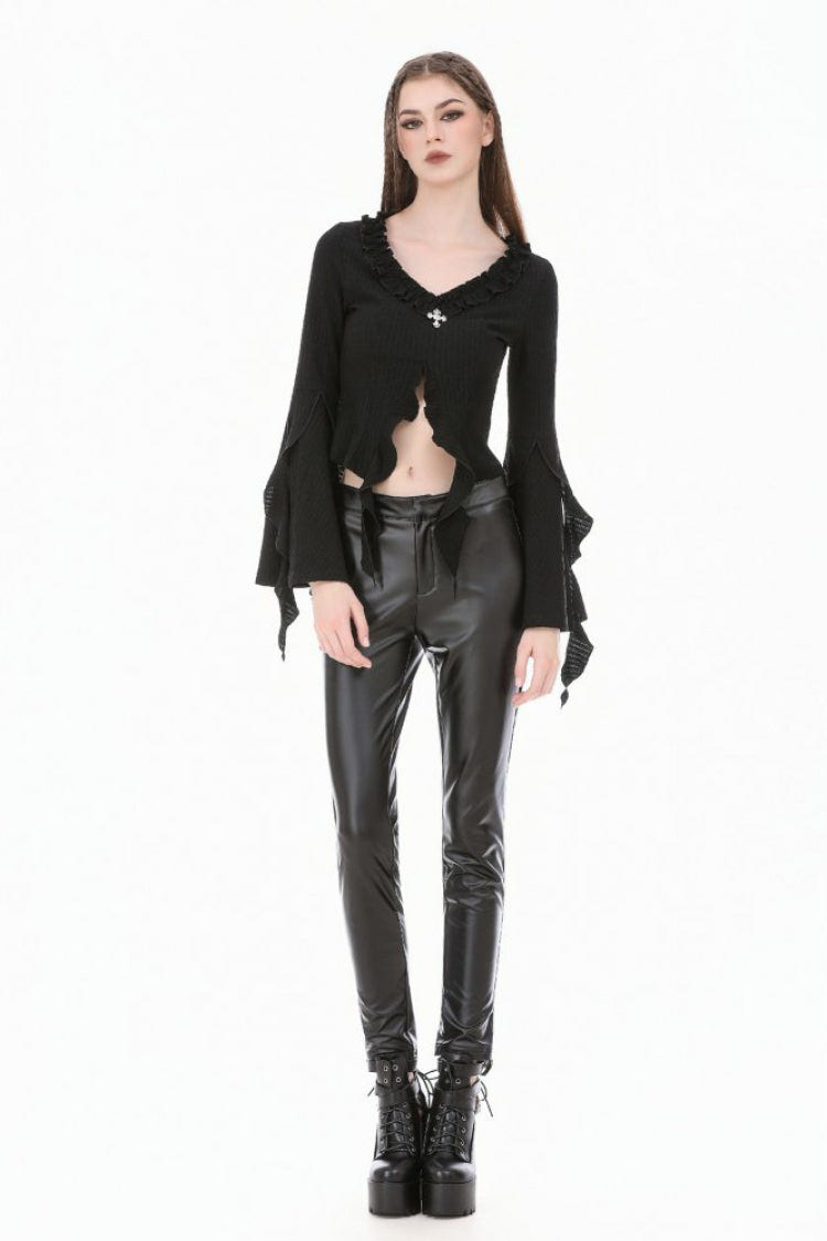 Black Cross Ruffled V Collar Irregular Split Long Trumpet Sleeves Women's Gothic Crop Top with Streamer - Product - 5