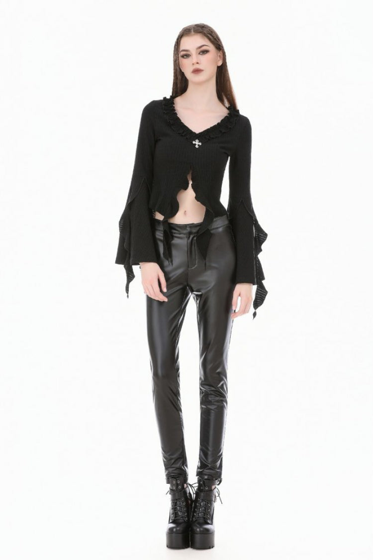 Black Cross Ruffled V Collar Irregular Split Long Trumpet Sleeves Women's Gothic Crop Top with Streamer - Product - 5