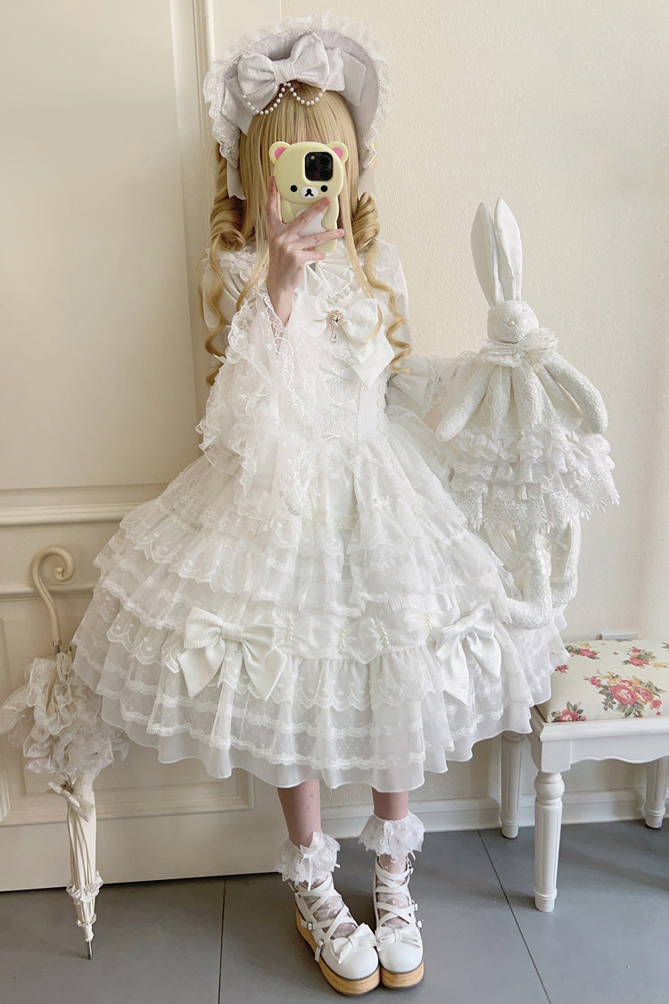 White [Dream Prologue] Doll Multi-Layered Bowknot Lace Sweet Princess Lolita Dress - Product - 5