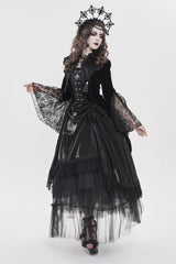 Black Long Trumpet Sleeves Embroidered Lace Slim Zippered Women's Gothic Bat Wing Collar Double-breasted Zip Jacket - Product - 6
