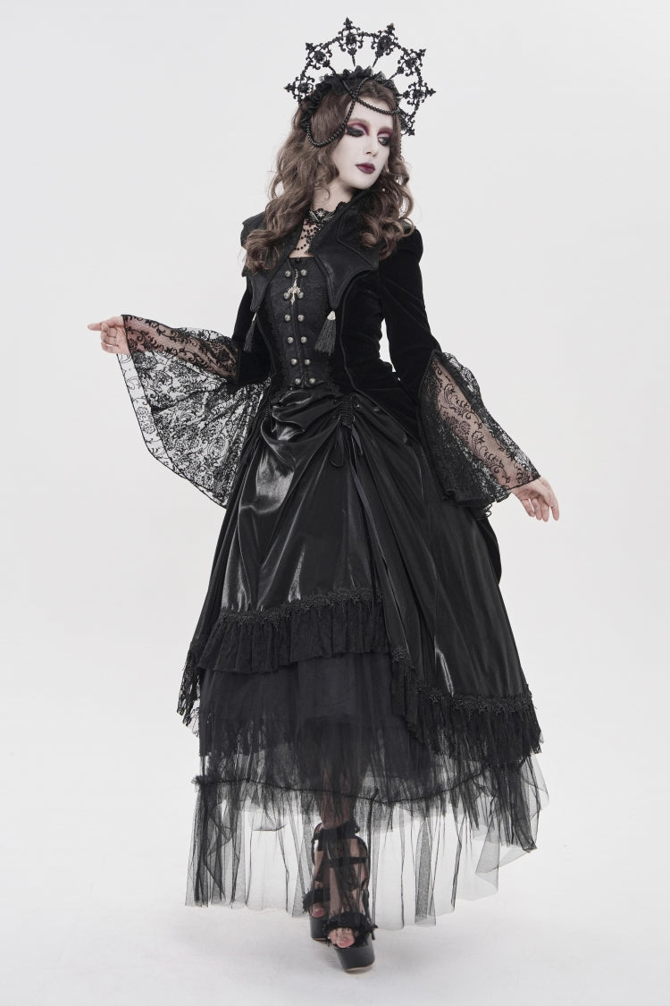 Black Long Trumpet Sleeves Embroidered Lace Slim Zippered Women's Gothic Bat Wing Collar Double-breasted Zip Jacket - Product - 6