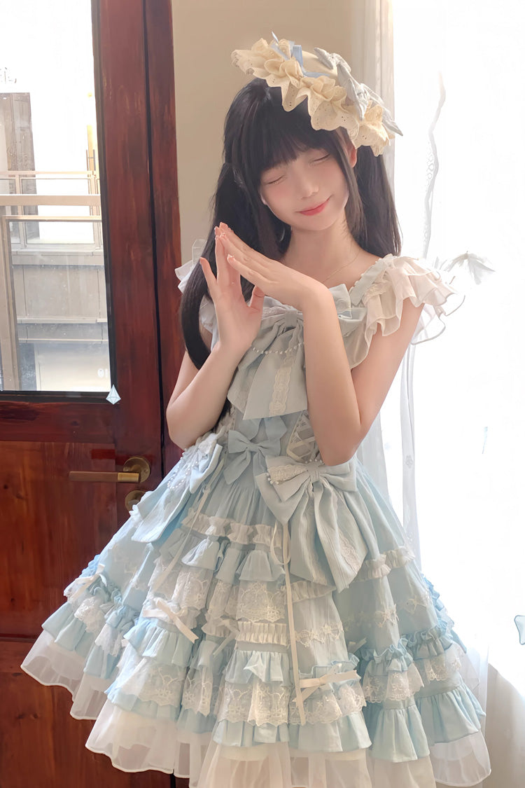 Blue [Snow Top Doll] Sleeveless Multi-Layered Ruffled Bow Lace Princess Sweet Lolita Tiered Dress - Product - 5