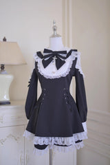 Black/White [Divine love] Long Sleeves Hollow Bowknot Lace Lace-Up Sweet Jirai Kei Dress Shorts Set - Product - 3