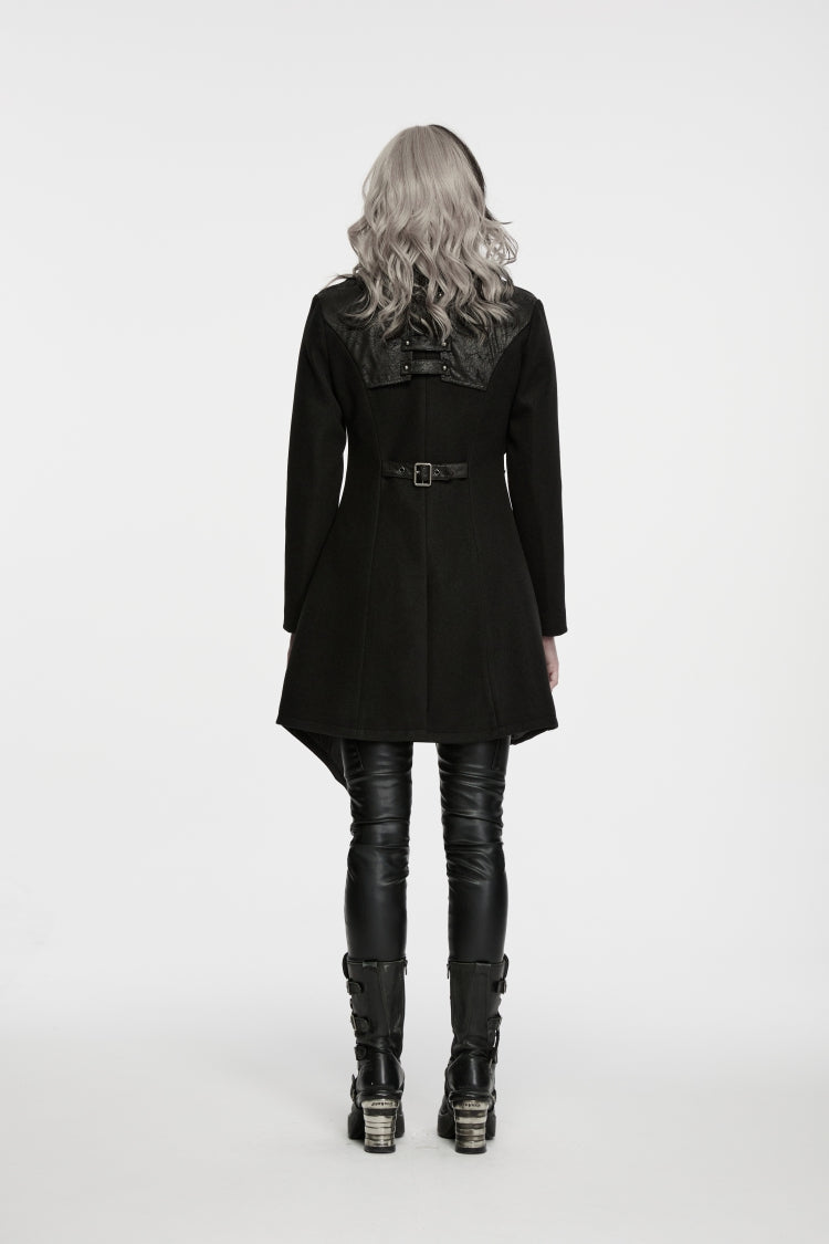 Black Lapel Collar Long Sleeves Patchwork Lace-Up Asymmetric Buckled Women's Punk Cool Coat - Product - 3