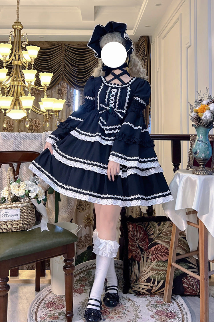Black Triple-Layered Detachable Sleeves Bowknot Lace-Up Gothic Lolita Dress - Product - 9