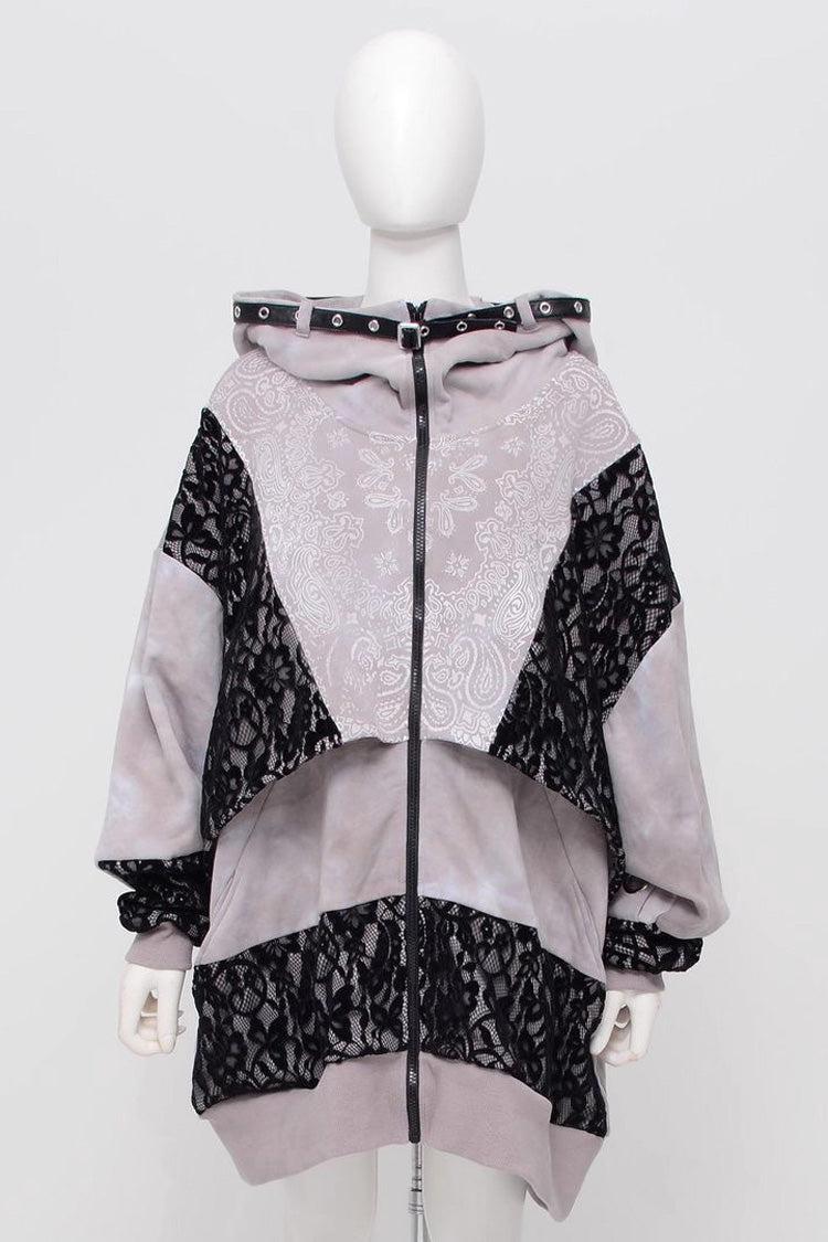 Color Blocking Long Sleeves Print Hooded Tie-dyed Zipper Jirai Kei Japanese Coat - Product - 3