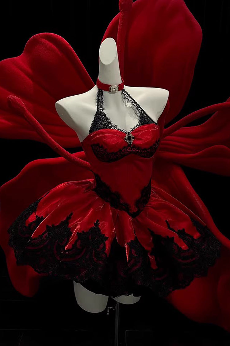 Red [Lace Cat] Halterneck Cut-Out Embroidered Gothic Ballet Lolita Jsk Dress - Product - 3