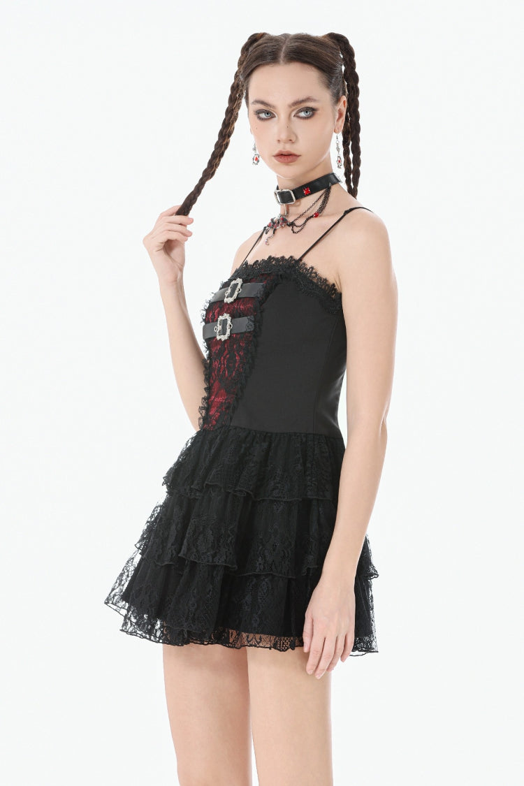 Black/Red Sleeveless Multi-Layered Lace Lace-Up Women's Grunge Cake Slip Dress Graduation Dress - Product - 11