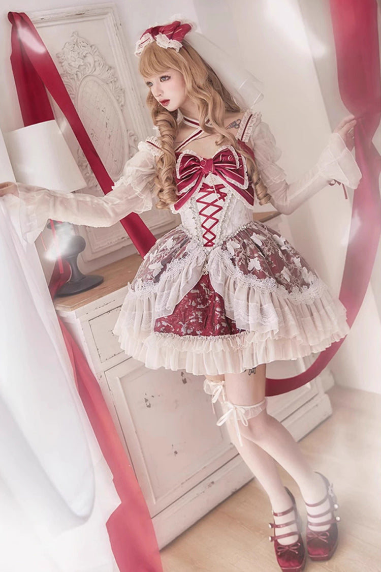 Red [Lilibet] Print Ruffle Cardigan Bowknot Lace Fishbone Sweet Lolita Dress - Product - 8