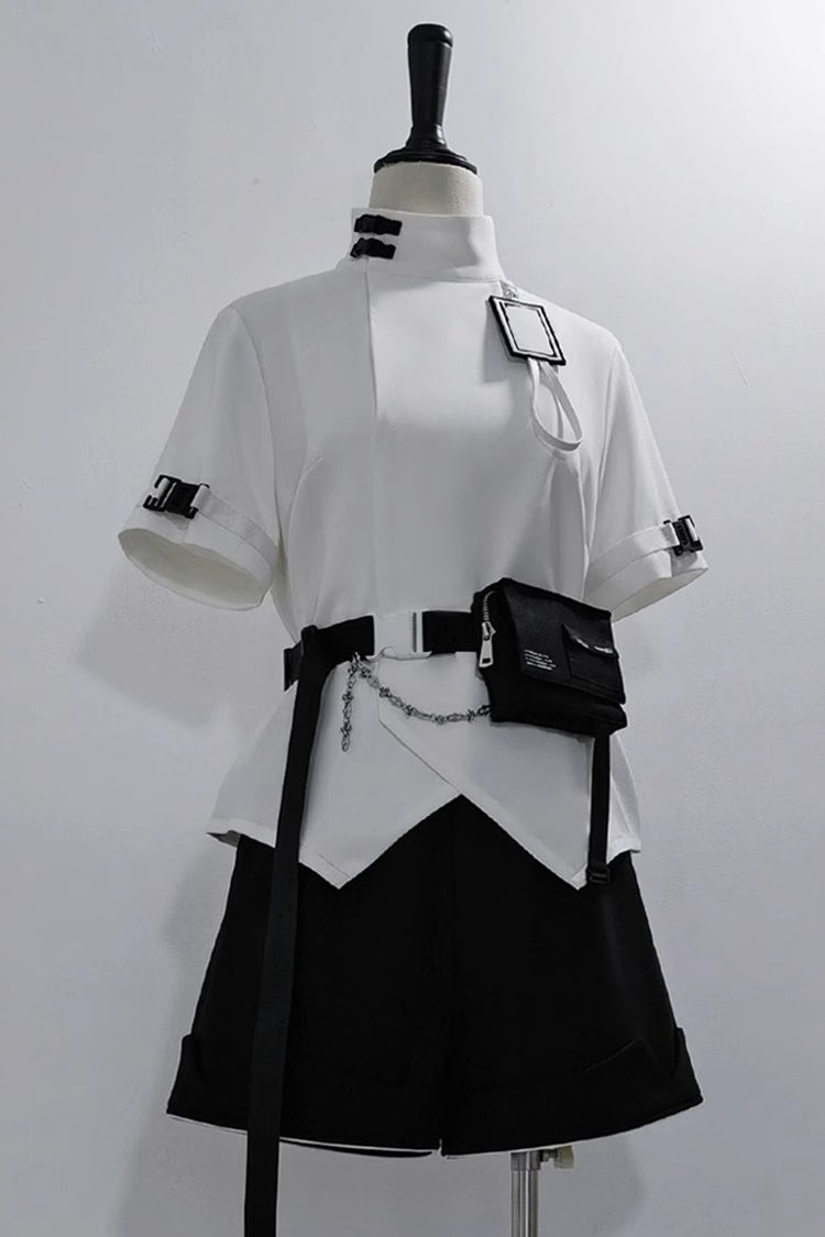White Functional Style Stand Collar Short Sleeves Ouji Fashion Prince Handsome Lolita Blouse - Product - 2