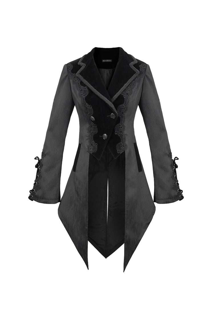 Black Front Decals Metal Button Lace-Up Cuff Dovetail Hem Striped Jacquard Women's Gothic Coat - Product - 8