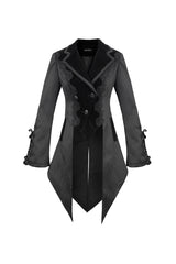 Black Front Decals Metal Button Lace-Up Cuff Dovetail Hem Striped Jacquard Women's Gothic Coat - Product - 8