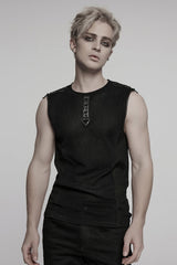 Black Round Collar Sheer Mesh Color Matching Rivet Men's Punk Vest - Black - 1