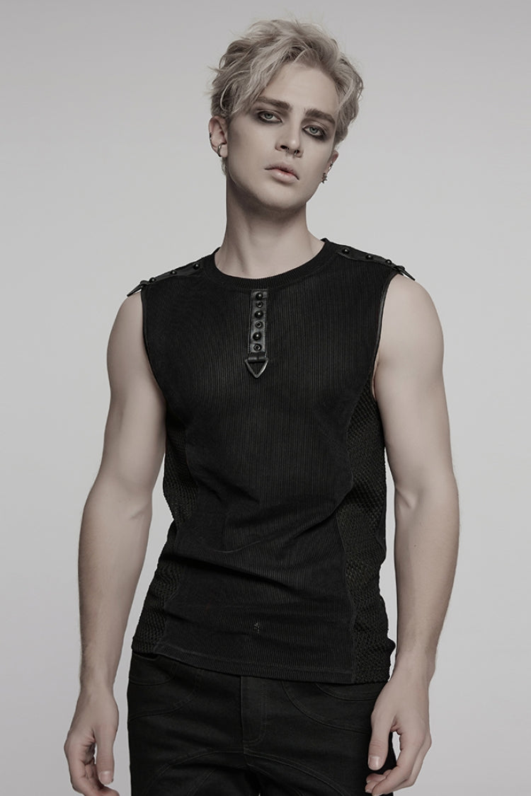 Black Round Collar Sheer Mesh Color Matching Rivet Men's Punk Vest - Black - 1