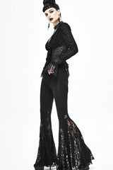 lack Gothic Flocking V-Neck Front Splice Velvet Long Sleeve Lace Hem Women's Blouse - Product - 9