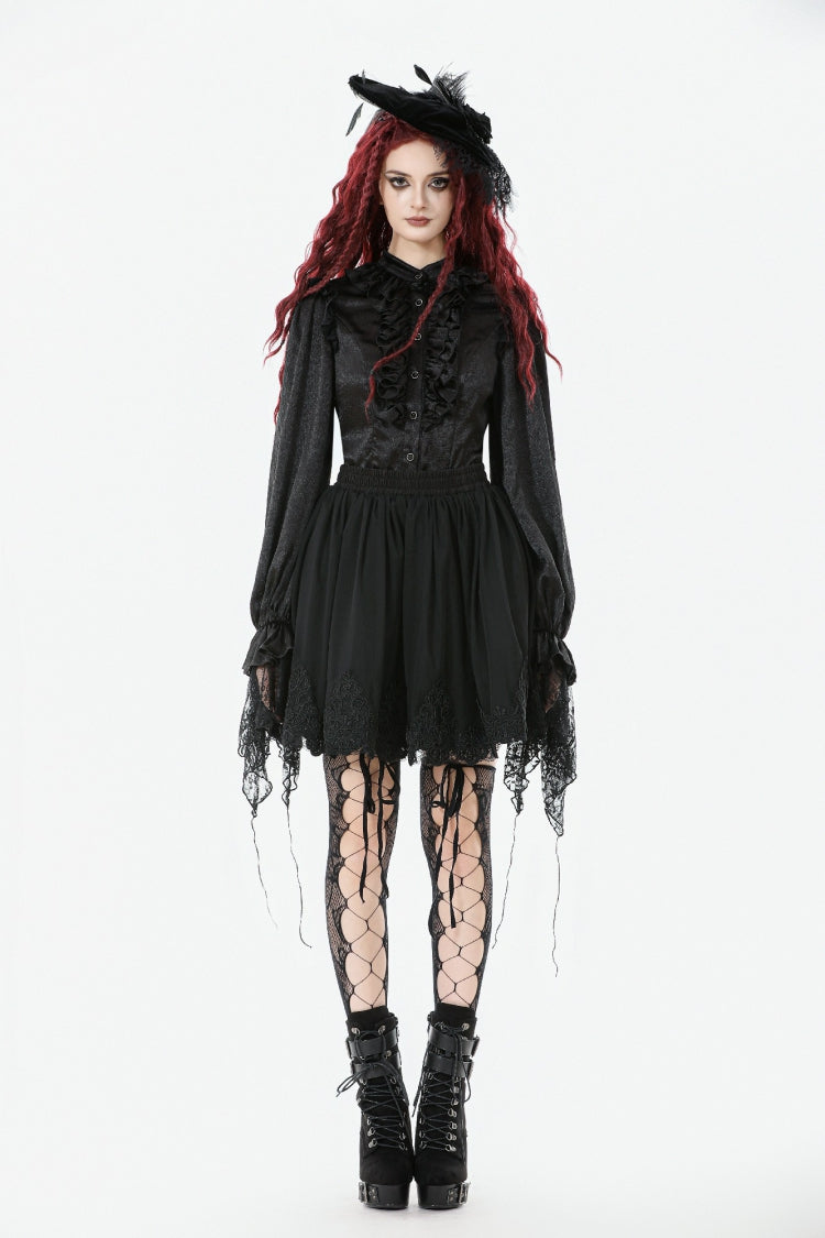 Black Long Lantern Sleeves Ruffled Spliced Lace Women's Gothic Blouse - Product - 11