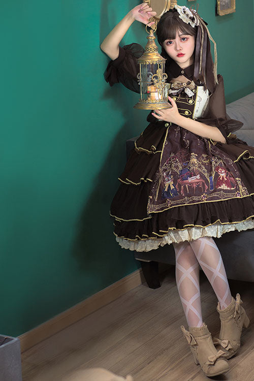 Dark Brown Japanese Country Style Alchemist Theme Bowknot Multi-Layer Ruffled Classic Lolita JSK Dress - Product - 4