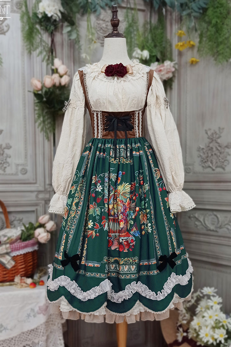 Green [Ode to Plenty] Berries and Birds Print Ruffle Bowknot Velvet Classic Lolita Breast Support Jsk Dress - Product - 3
