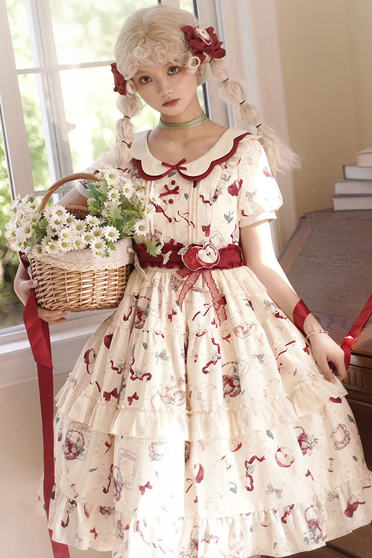White Apple Tea Print Short Sleeves Country Style Ruffle Bowknot Sweet Lolita Dress (Plus Size Version) - White - 1