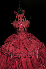 Wine Red Cross Halterneck Ruffle Bowknot Lace Lace-Up Princess Gothic Lolita Dress - Product - 11
