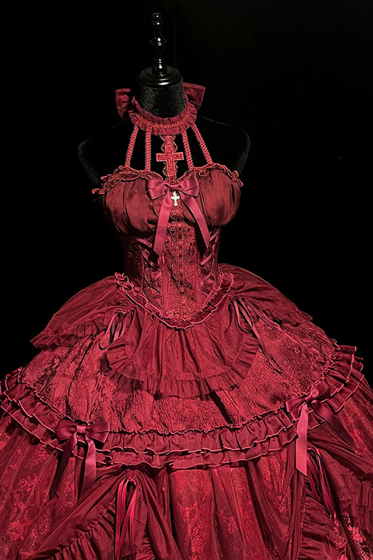 Wine Red Cross Halterneck Ruffle Bowknot Lace Lace-Up Princess Gothic Lolita Dress - Product - 11