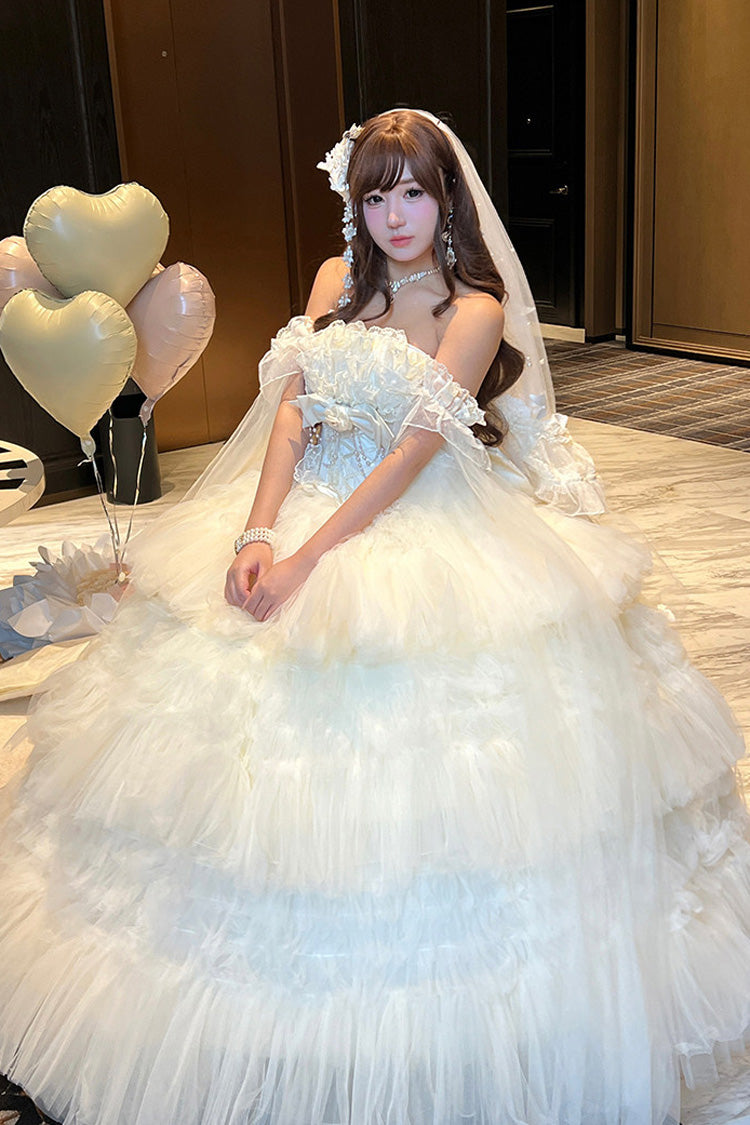 White [Maiden’s Love] Off Shoulder Triple-Layered Ruffled Hanayome Bow Lace Sweet Princess Lolita Dress - Product - 6