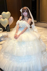 White [Maiden’s Love] Off Shoulder Triple-Layered Ruffled Hanayome Bow Lace Sweet Princess Lolita Dress - Product - 6