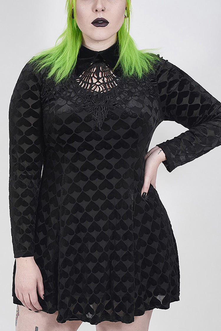 Black Front Chest Hollow-Out Decals Long Sleeve Back Waist Lace-Up Plus Size Mercerized Velvet Print Women's Gothic Dress - Black - 1