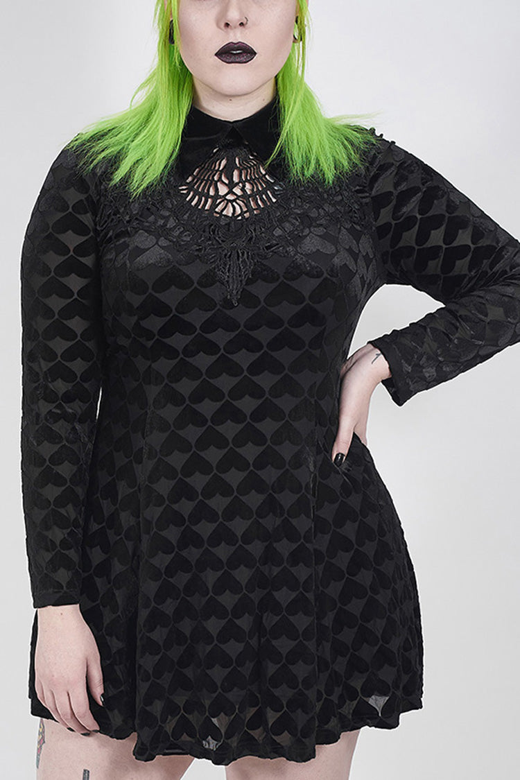 Black Front Chest Hollow-Out Decals Long Sleeve Back Waist Lace-Up Plus Size Mercerized Velvet Print Women's Gothic Dress - Black - 1