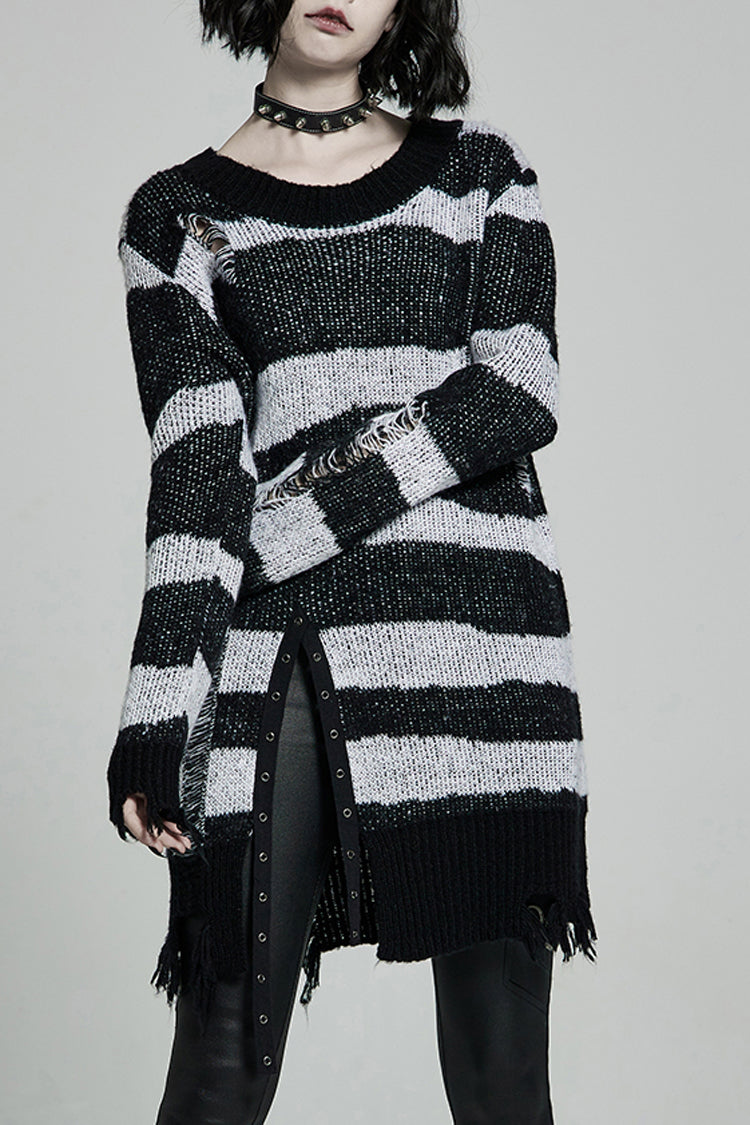 Striped Print Long Sleeves Mesh Ripped Women's Steampunk Knitted Sweater 2 Colors - Black/White - 1