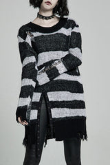 Striped Print Long Sleeves Mesh Ripped Women's Steampunk Knitted Sweater 2 Colors - Black/White - 1