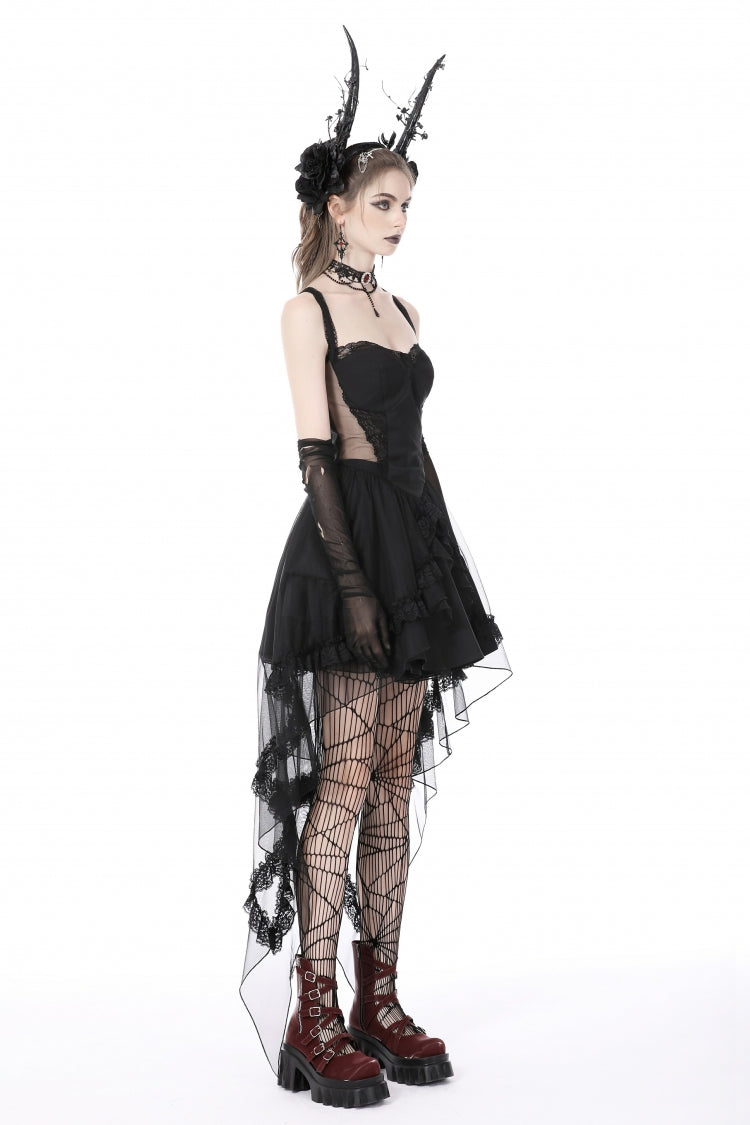 Black Sleeveless Lace-Up Layered Swallowtail Lace Women's Gothic Wedding Dress - Product - 10
