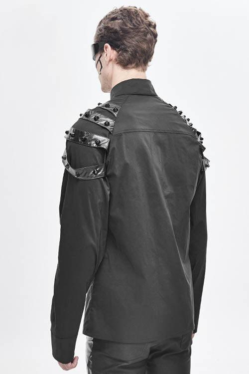 Black Long Sleeve Shoulder Zipper Mens Punk Blouse - Product - 3