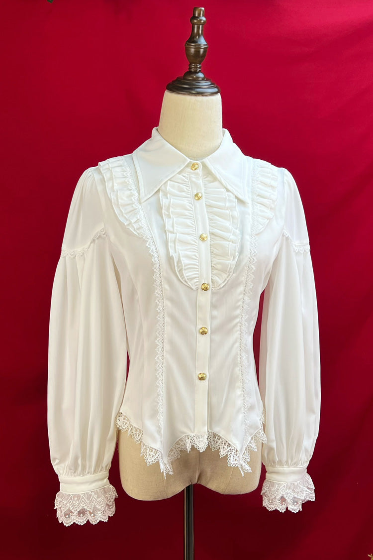 [Late Night] Lapel Collar Long Sleeves Ruffle Lace Slim Sweet Lolita Blouse 6 Colors - Product - 2