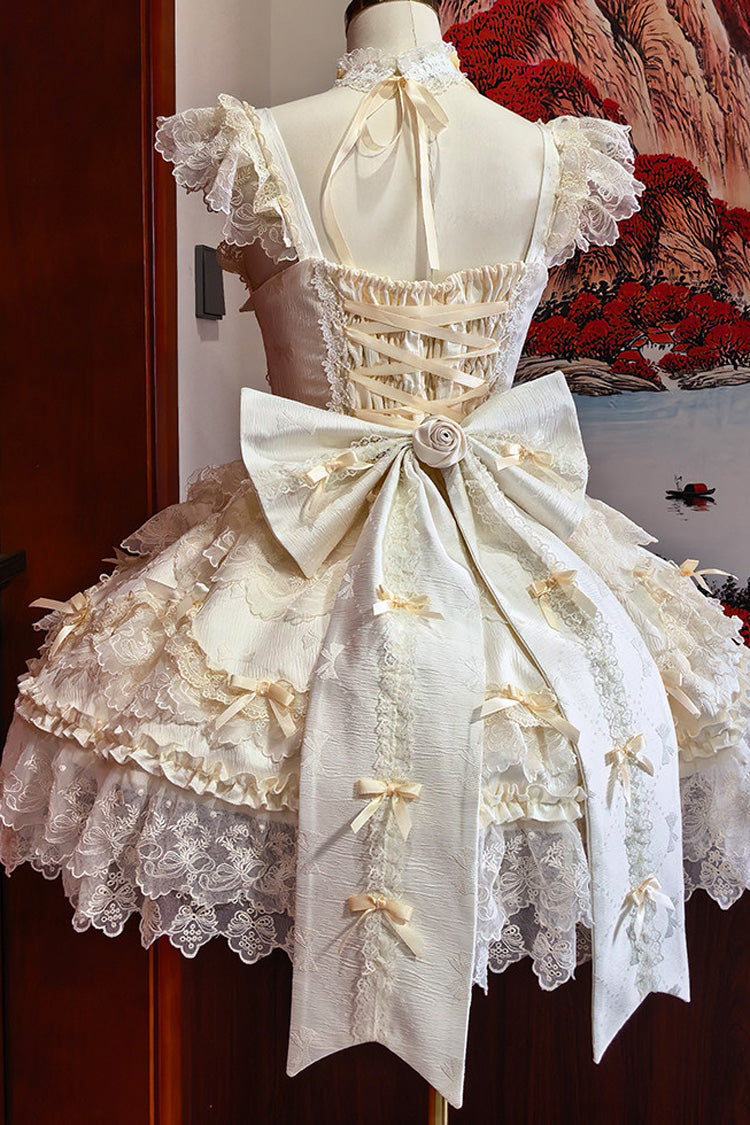 Apricot [Rose Feather Romance] Square Collar Ruffled Bow Lace Ballet Sweet Lolita Jsk Dress - Product - 2