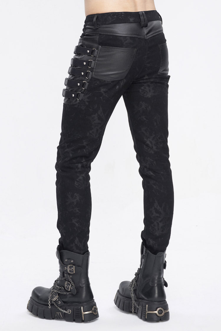 Black Multi Buckle Distressed  Print Men's Punk Pants - Product - 6