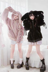 Pink Rabbit Ears Long Sleeves Bowknot Lace-Up Hooded Jirai Kei Coat - Product - 5
