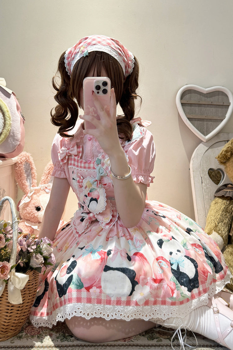 Panda Peach Print Bowknot Sweet Lolita Strap Dress 3 Colors - Product - 11