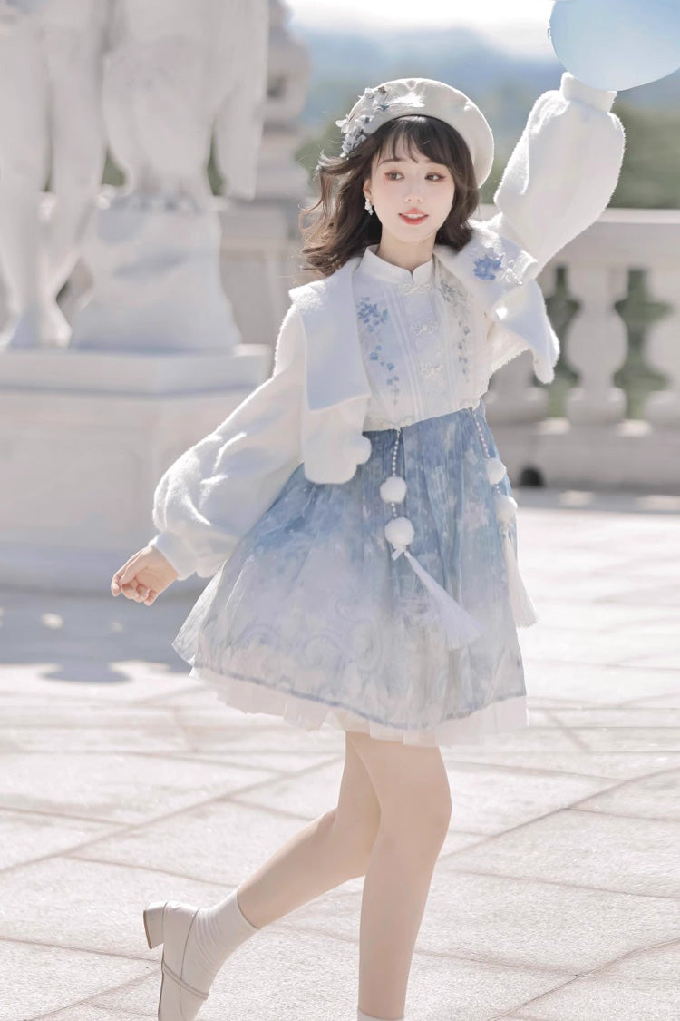 White/Blue Long Sleeves Print Ruffle Chinese Style Princess Sweet Lolita Jsk Dress Set - Product - 8