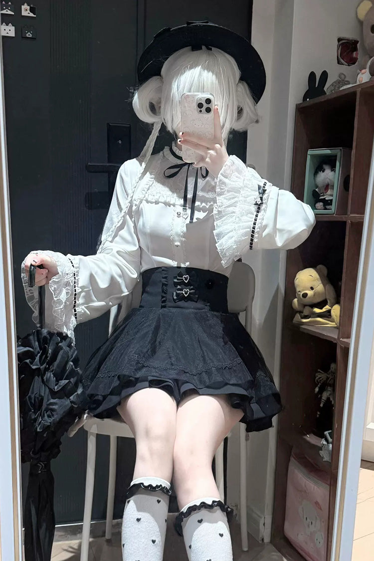 Black/White [Moonlit Butterfly] Lapel Collar Long Trumpet Sleeves Ruffled Bow Lace Jirai Kei Japanese Skirt Set - Product - 4